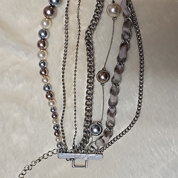 Vintage 80's Multi-Strand Pearl Ribbon Choker Necklace Costume Jewelry Silver - Picture 3 of 6
